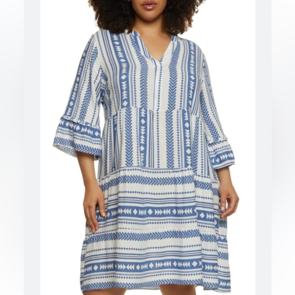 Mlle Gabrielle Aztec Notch Neck Tiered Midi Dress - Blue-3X - Picture 2 of 12